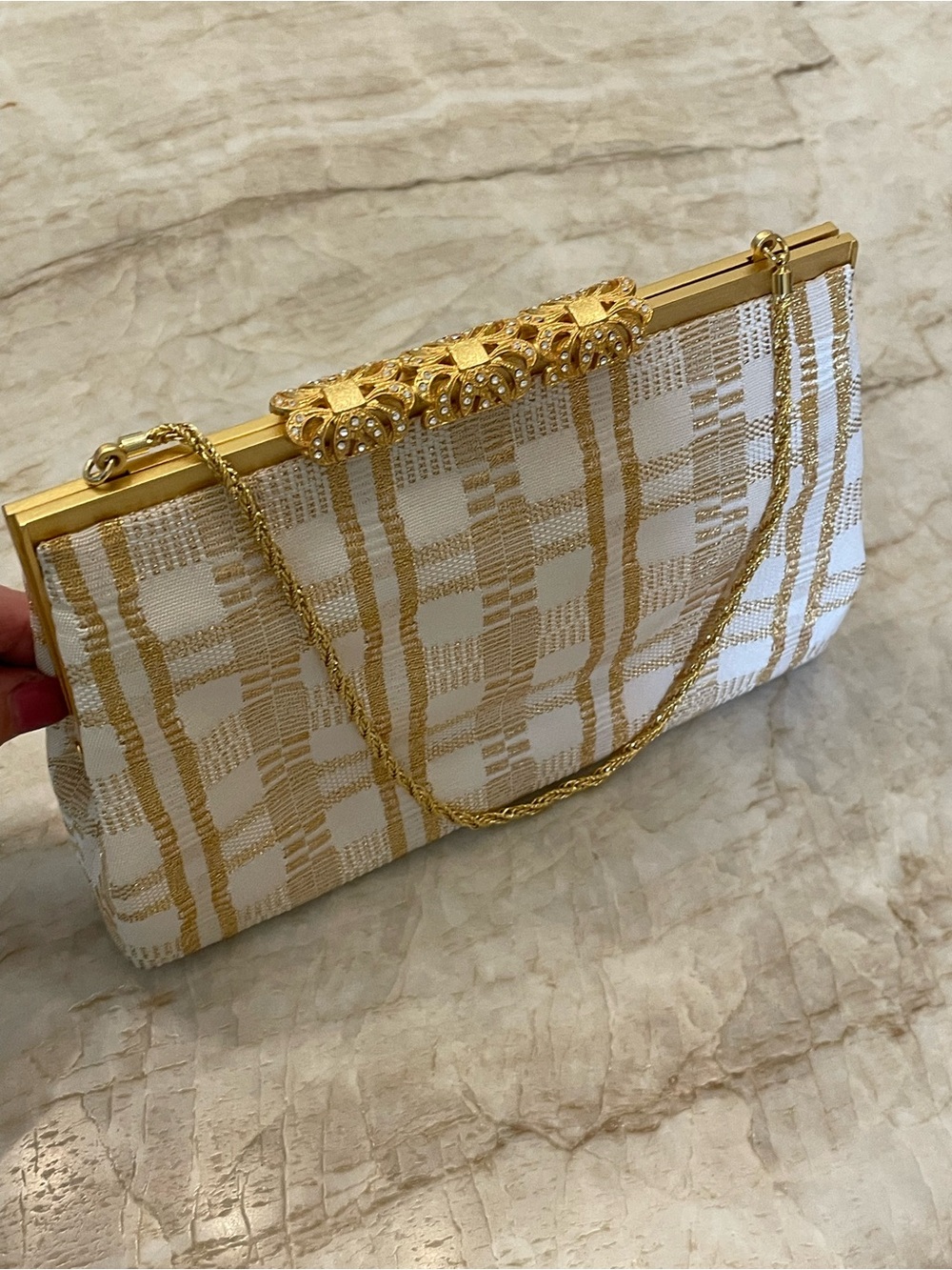 Gold & White Beaded Evening Clutch with Decorative Frame